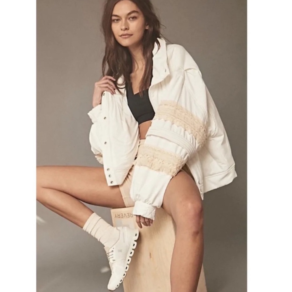 Free People Cream White Bomber Jacket with Crochet Detail